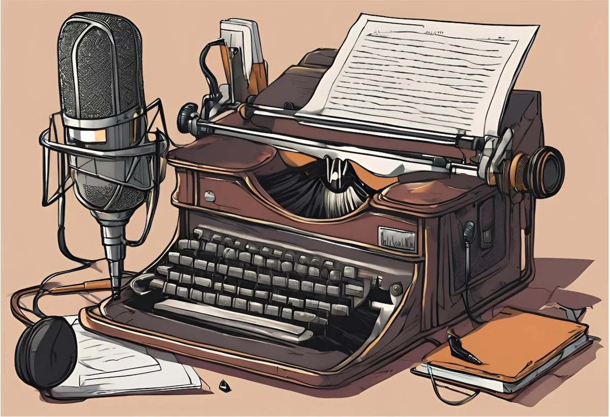 Schreibmaschinenbücher und ein Mikrofon von Maximilian Haas Digital Services