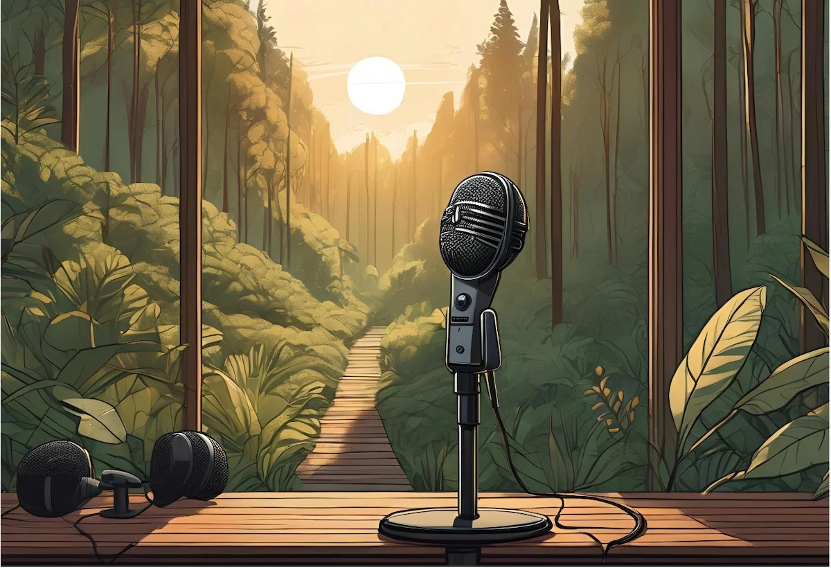 Ein Gemälde mit einem Mikrofon und einer Gitarre vor einem Fenster